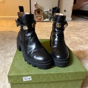 Gucci Black Leather Ankle Boots with Gold Details